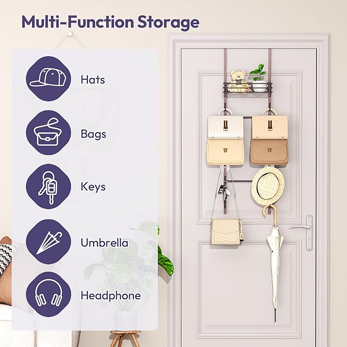SWTYMIKI Over The Door Purse Organizer - Wall Mounted Handbag Organizer with 10 Hooks and Metal Basket, Hanging Purse Storage Rack Holds up to 10 Bags, Bag Rack Can Use As 1/2 Part, for Door, Closet