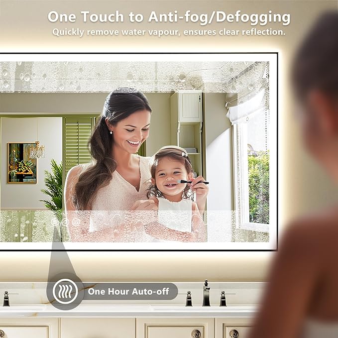 66x40 Inch LED Bathroom Mirror with Lights (Front Lit and Backlit) Black Framed Lighted Vanity Mirror for Bathroom Wall Dimmable Anti-Fog Memory Tempered Glass Horizontal/Vertical