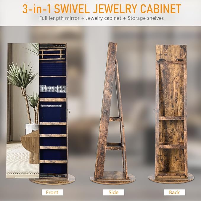 LVSOMT 360° Rotating Full Length Mirror Jewelry Cabinet with Sliding Door, LED Lighted Lockable Jewelry Armoire Organizer, Space-Saving Standing Mirror Storage for Bedroom Dressing Room (Retro Brown)
