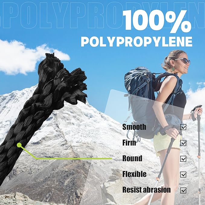 3/8 Inch 100 ft Solid Braided Polypropylene Rope, Outdoor Ropes, All Purpose Boat Marine Thick Tie for Camping and Flag Pole, Indoor and Outdoor Use, Black, 2 Pack