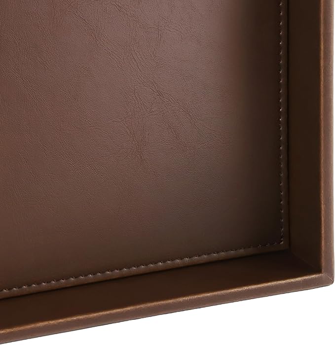 HofferRuffer Faux Leather Vanity Tray, Elegant Desktop Storage Organizer, Decorative Catchall for Perfume, Bathroom Valet, Nightstand or Dresser, 10 x 10 x 1.8 inches (Brown)