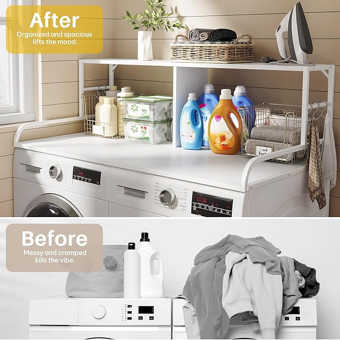 DWVO 2-Tier Washer Dryer Countertop with Shelf, 53" W x 27.6" D with with 2.8" Edge Rails & 2 Hooks, Laundry Countertop for Organization, Washer and Dryer Topper, White