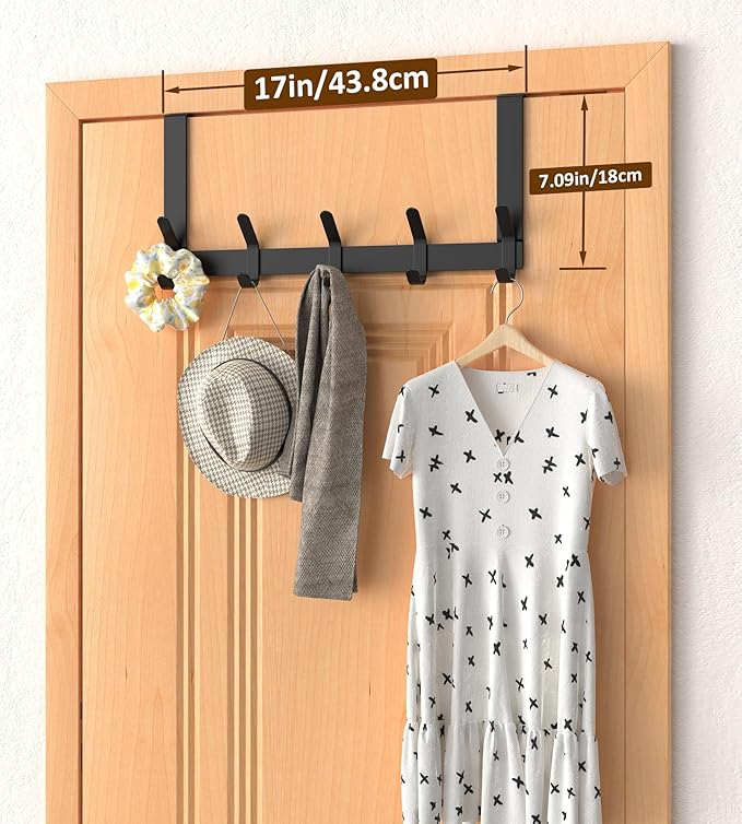 Over The Door Hooks Hanger with 7" Arms for Hanging Heavy Coats, Towel, J7U, Perfectly Fits US Standard 1 3/4-inch Doors, Towel Rack Bathroom Organizer Holder, Rustproof, Black