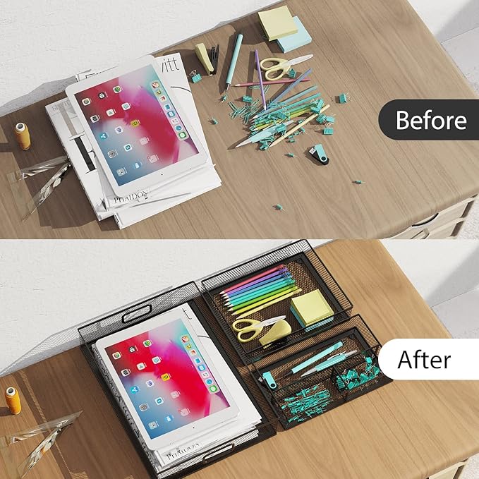 Desk Drawer Organizer Set, 3 Pcs Metal Mesh Office Drawer Organizers, Paper Organizer Letter Tray for Desk, Junk Drawer Organizer for Office, Kitchen, Makeup, Vanity