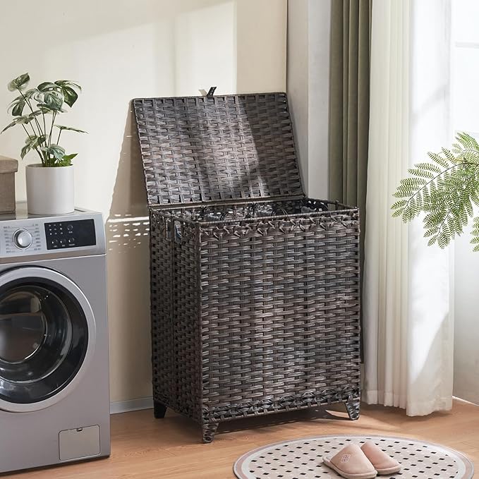 Laundry Hamper with Lid, 190L Large Laundry Basket 3 Section with 6 Removable Liner Bags & 3 Mesh Laundry Bags, Handwoven Rattan Clothes Hamper with Heightened Feet, No Install Needed, Brown