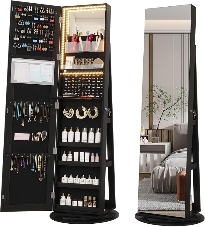 Vlsrka 360° Swivel Mirror Jewelry Cabinet with Lights, Large Jewelry Armoire Cabinet Standing, Lockable Free length Mirror with Storage, Rear Storage Shelves, Black