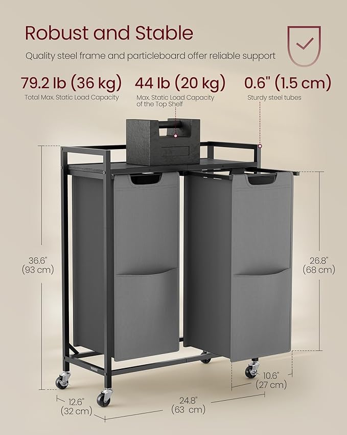 VASAGLE Laundry Sorter, 29 Gal. (110 L) Laundry Hamper Basket with 2 Compartments, Rolling Cart with Wheels, Shelf, Removable Bags, Pockets, Slate Gray and Charcoal Gray UBLH021G01