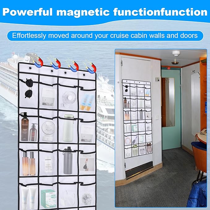 Over The Door Organizer For Cruise Ships|Magnetic Door Organizers with 24-Pocket for Cruise Ship|55"x21"|Cruise Over the Door Organizer,Magnetic Shoe Rack for Cruise,Behind-Door Storage