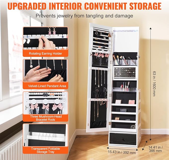 VEVOR 360° Swivel Jewelry Cabinet Armoire, 63-Inch Tall Lockable Jewelry Organizer with Full-Length Mirror, LED Light, Velvet Lining, Drawer, Freestanding, White