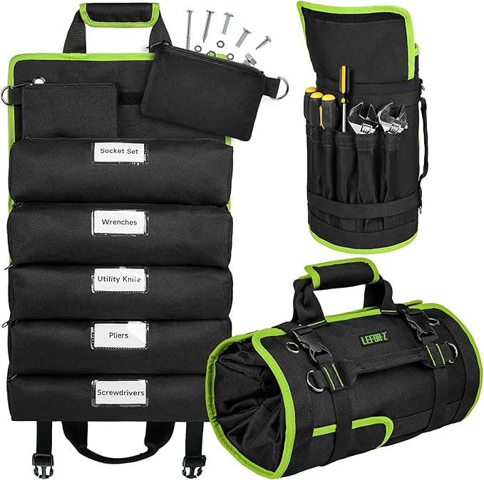 Tool Bag,Large Roll Up Tool Bag Organizer,13 Pockets Tool Roll Storage Pouch,Heavy Duty Portable Tool Storage Carrier Bag for Men,Mechanic,Electrician & Hobbyist,Black/Green
