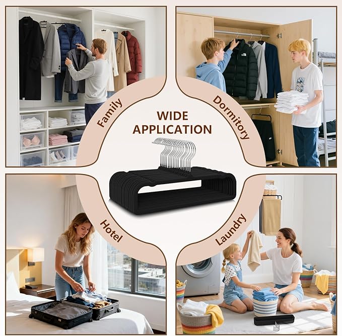 100 Pack Velvet Hangers Non Slip, Felt Pants Hangers Thin Space Saving Clothes Hanger Flocked Strong Durable Ganchos para Colgar Ropa with 360°Swivel Hook for Pants Jeans Shorts Tank Top, Black