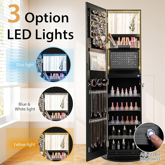 GOFLAME 360° Swivel Jewelry Cabinet Armoire with Full Length Mirror, Standing Jewelry Storage Organizer with Rear Storage Shelves, 3-Color LED Lights, Foldable Shelf, Interior Mirror, Black