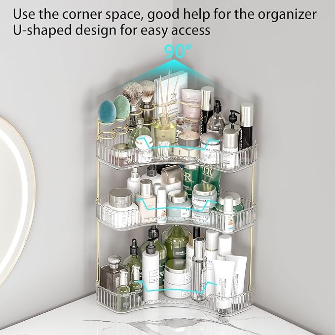 Makeup Organizer Countertop 3 Tier, Corner Bathroom Countertop Organizer with Toothbrush and Makeup Brush Holder, Corner Vanity Tray for Skincare Organization