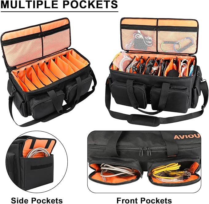 SAVIOUR DJ Cable File Bag, Detachable Padded Bottom and Adjustable Dividers, Stores Music, Audio, and Visual Cabling, Portable Travel Storage and Studio Organization (Orange)