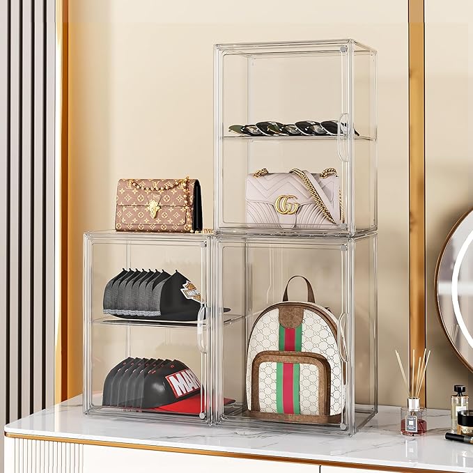 Purse Storage Organizer for Closet 3 Packs Clear Handbag Storage Organizer Acrylic Display Case with Adjustable Divider for Collectibles, Stackable Bag Organizer for Wallet, Figure, XXX-Large