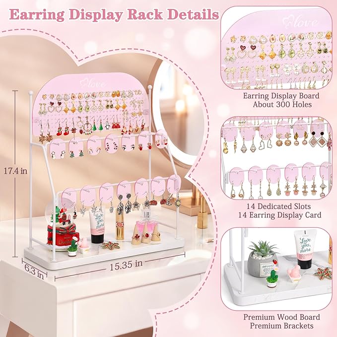 Keebofly Acrylic Earring Organizer Stand for Girls & Teens, Large 300 Holes & 14 Hooks Jewelry Display Holder for Studs, Hoops, Dangles, Necklaces & Bracelets, Vanity Desk Storage Decor, Pink