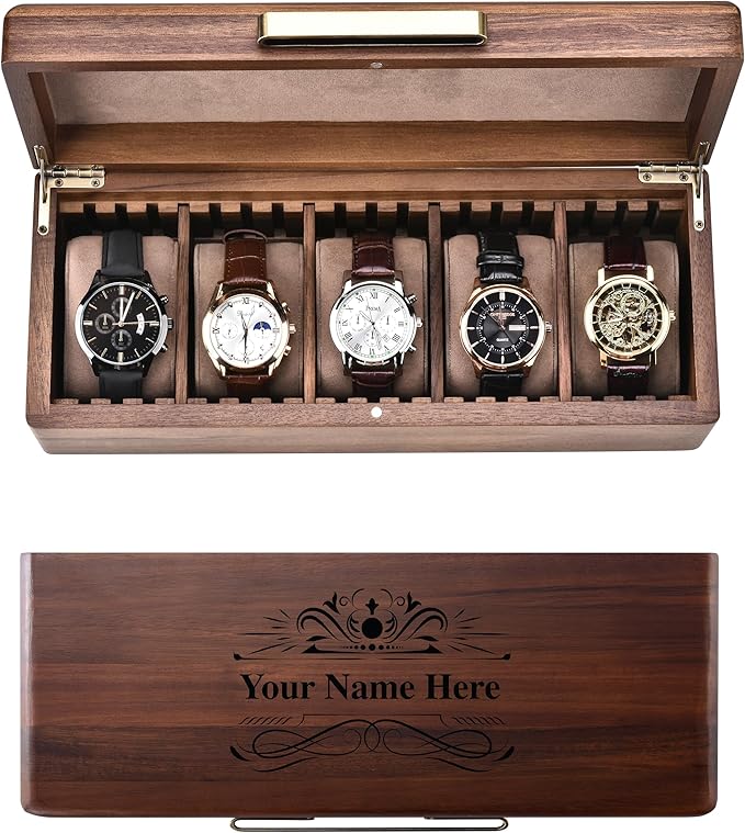Shanik Wooden Watch Box for Men – 5 Slot Storage Case with Velvet Pillows, Natural Acacia Wood Organizer for Large Watches, Luxury Gift for Him
