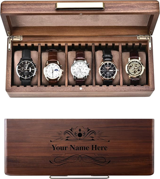 Shanik Wooden Watch Box for Men – 5 Slot Storage Case with Velvet Pillows, Natural Acacia Wood Organizer for Large Watches, Luxury Gift for Him
