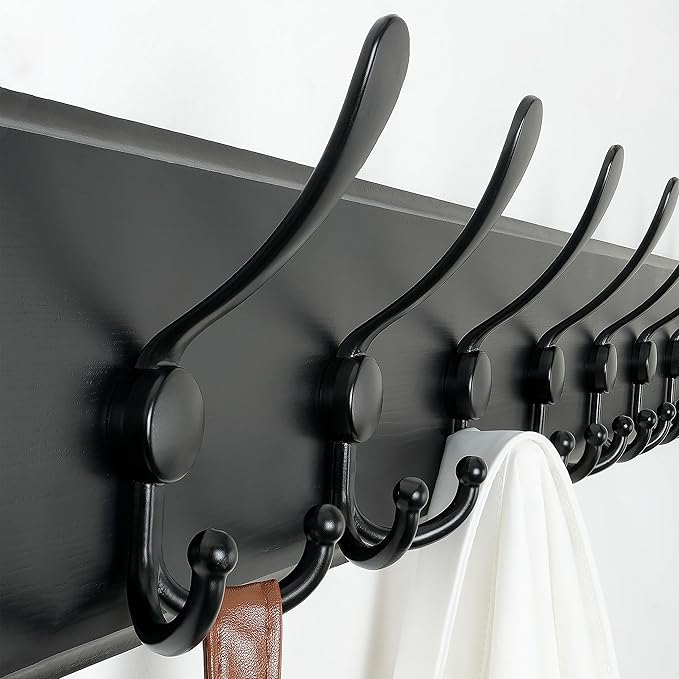 SKOLOO Coat Rack Wall Mounted - 38.3'' Long, Wooden, Heavy Duty, Rustic Coat Hooks for Wall, 16'' Hole to Hole, Wall Coat Rack with 10 Triple Hooks for Hanging Clothes, Jacket, Hat(Black)