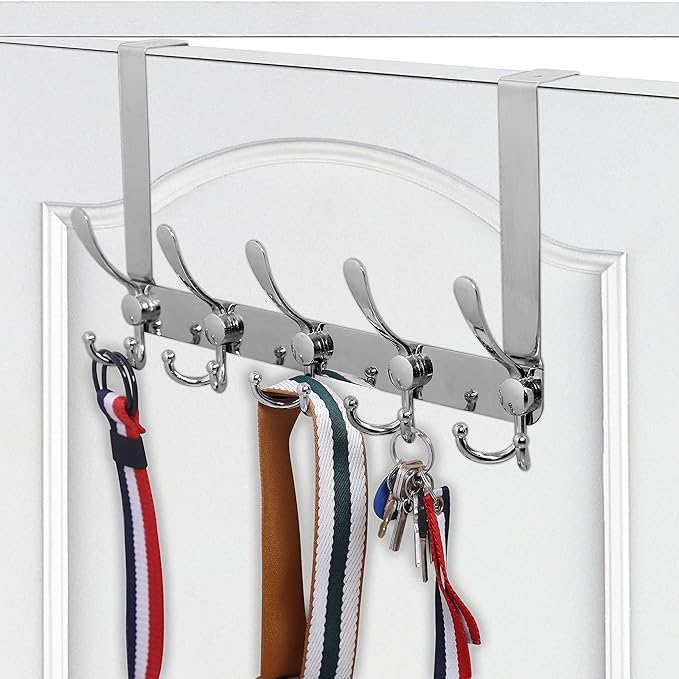 WEBI Over The Door Hook Door Hanger Hook Rack with 5 Tri Hooks for Hanging Coats, Over Door Towel Rack Door Coat Towel Hanger Over Door Coat Rack,Silver,2 Packs