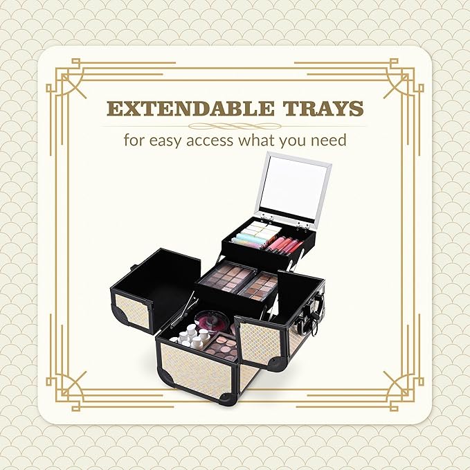 BYOOTIQUE Rolling Makeup Train Case on Wheels 3-Piece Hairdressing Brush Bags Cosmetology Art Deco Pastel