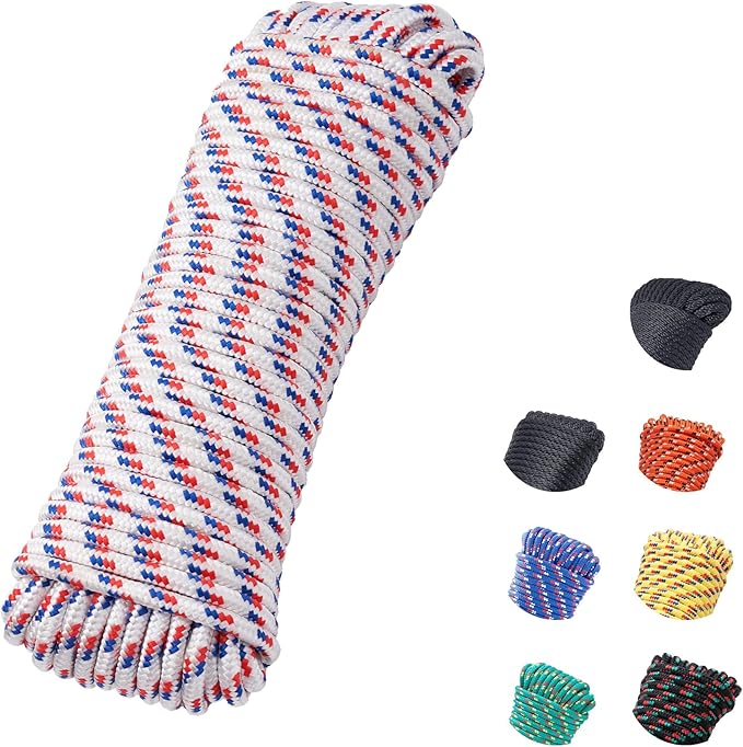 3/8 Inch 100 ft Diamond Braided Polypropylene Rope, All Purpose Thick Boat Marine Ropes for Camping and Flag Pole, Indoor and Outdoor Use, Indoor and Outdoor Use, White