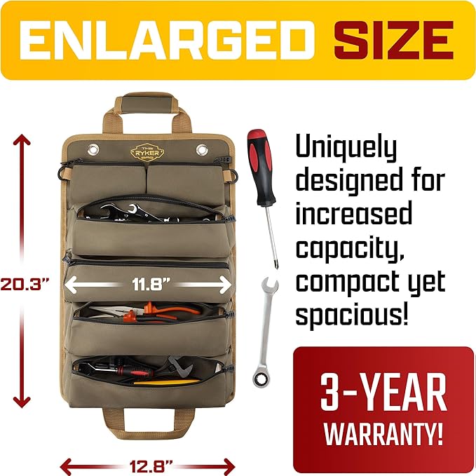 The Ryker Roll Up Tool Bag Organizer Gifts for him (2-pack) Heavy Duty Small Motorcycle Tool Roll Bag Organizer Portable Rollup Toolbag w/Detachable Pouches Mens gifts for Dad, Mechanic & Hobbyist