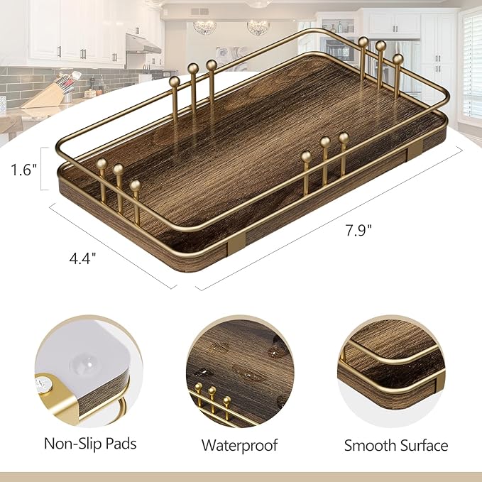 Bathroom Vanity Tray for Toiletries Makeup Perfume Candle Toilet Tank, Kitchen Tray for Soap Dispenser Spice Salt, Small Tray for Countertop Decor Coffee Nightstand 7.9”x4.4” Brown-Gold