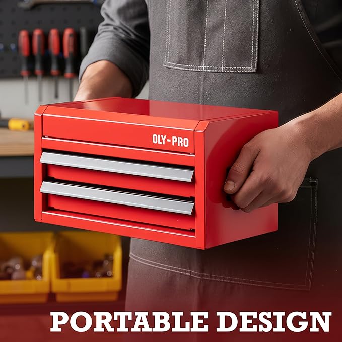 Mini Toolbox with 2 Drawers and Top Storage, Durable Steel Construction with Ball-Bearing Slides, Multi-Purpose Portable Tool Boxes Case Organizer for Garage, Red