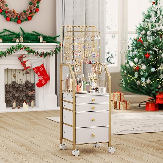 SWTYMIKI Large Jewelry Organizer Stand - Multifunctional Rack Tower for Necklace, Earring, Ring & Bracelet Display - Moveable Storage Jewelry Holder Stand with 4 Nonwoven Drawers for Bedroom Gold