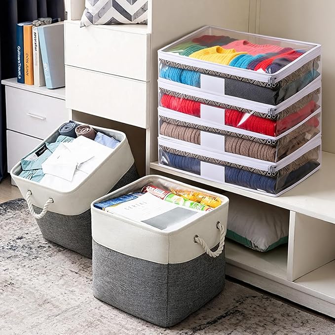 6 Packs Sweater Storage Bags, Clear PVC Sweater Storage Foldable Vinyl Zippered Organizer Plastic Bags for Clothes Blankets Sweater Quilt Clothes Pillow Bed Sheet (16 x 14 x 4 Inch)
