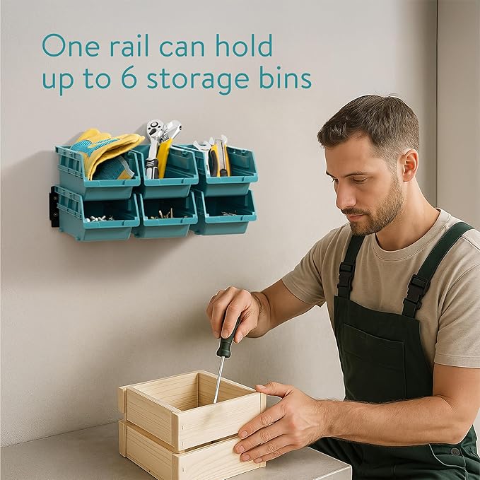 Navaris Storage Bins - Interlocking Plastic Van Boxes - Wall Mounted Compartments for Screws Nails Small Tool Parts - Workshop, Garage, Drawer Shed Bolt Organizer - 3 Bins & 1 Rail