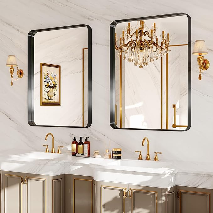 Matte Black Metal Framed Vanity Rounded Rectangle Bathroom 24X32 Inch Mirrors for Over Sink Wall,Modern Decorative for Restroom, Anti-Rust Aluminum Alloy Mirror, Horizontally or Vertically Hanging