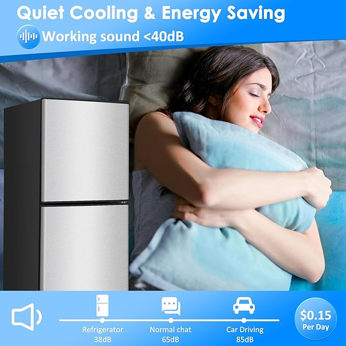 4.3 Cu. Ft. Compact Fridge with Freezer, Double Door Small Refrigerator with Adjustable 7-Level Thermostat, Mini Refrigerator for Kitchen, College, Apartment, Office, Silver