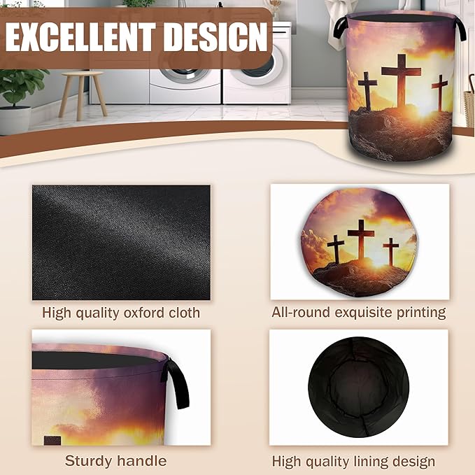 Cross Mountain Sunset Laundry Baskets,Laundry Hamper,Storage Basket with Handles for Bathroom Bedroom College Dormitory Living Room Nursery Organizer 16"x20.8"