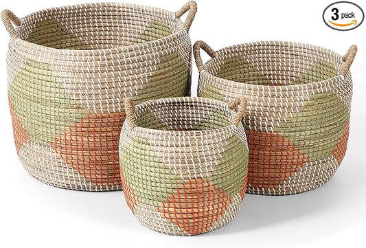 Laundry Basket, 3 Pack Seagrass Baskets, Handwoven Woven Laundry Hamper with Handles, 56L, 28L, 15L for Decor Storage of Dirty Clothes,Toys and Blankets in Bathroom, Nursery, Living Room