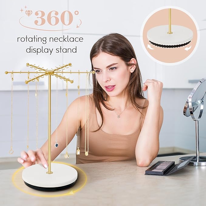 Necklace Holder Jewelry Stand, Rotating Necklace Holder Organizer with 48 Hooks for Necklace Earring Keychains Bracelet Display Stand, Metal Necklace Tree Stand -Women Gifts (Gold)