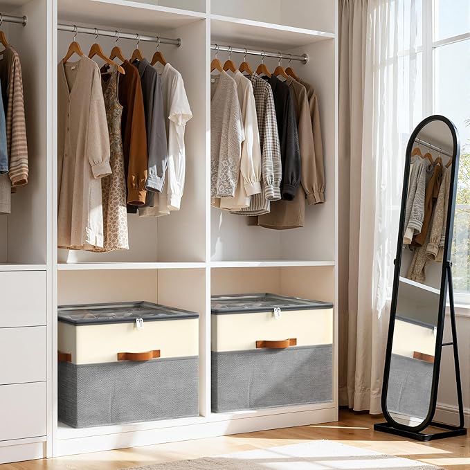 Lewondr Shoe Organizer for Closet, 2 Pack Foldable Shoe Storage Box with Adjustable Dividers and Clear Cover, Space Saving Shoes Holder with 4 Handles, Fits up to 32 Pairs, Beige+Gray