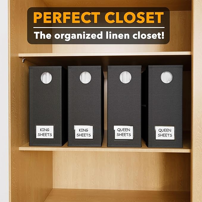 SpaceAid 4 Pack Bed Sheet Organizers and Storage, Foldable Sheet Organizer for Linen Closet, Sheets Set Folder Keeper with Window XL (Queen & King Size) Organizing Bedding Container, Black