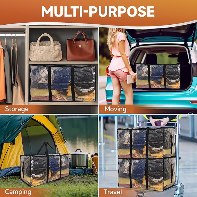 CONGREGATE 6 Pack Extra Large Moving Bags with Zippers and Carrying Handles, Heavy-Duty Storage Tote Moving Boxes for Space Saving, Semi-Transparent 97L/25.6Gal (28.7"x13.7"x15")