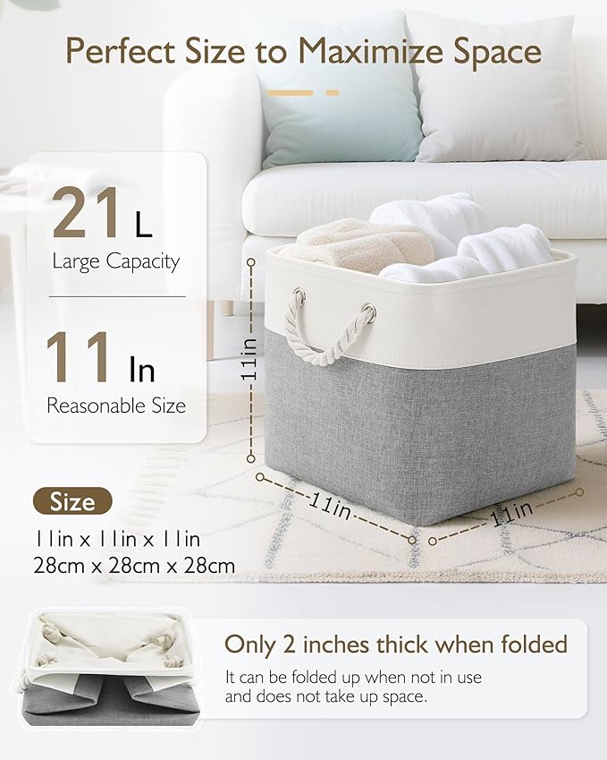 11 Inch Storage Cubes 4-Pack, Foldable Fabric Organizer Bins with Rope Handles, Cube Storage Baskets for Closet Shelves and Home Organization(White/Gray)