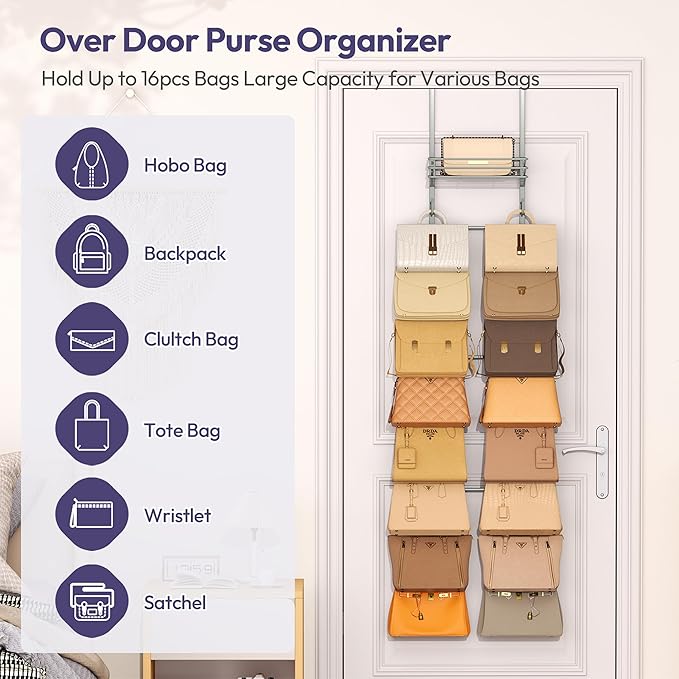 SWTYMIKI Over The Door Purse Organizer - Wall Mounted Handbag Organizer with 16 Hooks and Metal Basket, Hanging Purse Storage Rack Holds up to 16 Bags, Bag Rack Can Use As 1/2 Part, for Door, Closet