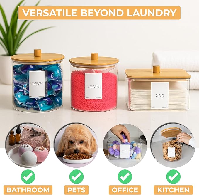 Laundry Pods Containers for Organizing Dryer Sheet Holder & Laundry Jars with Lids, Labels & Scoops - Acrylic Laundry Storage Containers for Powder, Pods, Detergent, Scent Booster