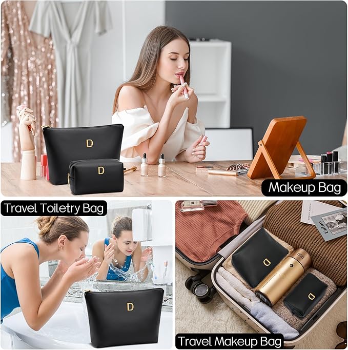 Valentine's Day Gifts for Women Girlfriend Initial Makeup Bag for Teen Girls Personalized Gifts for Friend Teacher Mom Wife Cosmetic Travel Toiletry Bag(Black,D)