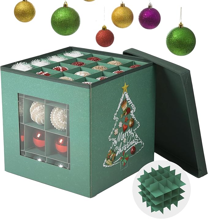 Premium Waterproof & Dustproof Christmas Ornament Storage Box with lid - Holds Up to 64 Ornaments Decoration Balls, Adjustable Dividers, Large Foldable Storage Case for Sundries or Clothes