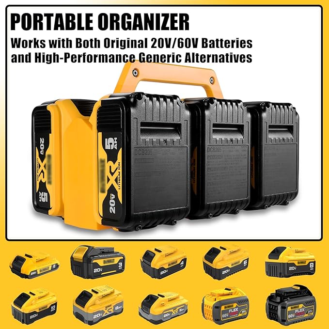 2-IN-1 Battery Carrying Holder & Wall Mount Holder for De.Walt, 6-Slot Battery Storage Organizer Rack for De.walt 20V/60V Batteries, Portable Caddy Case with Handle for Jobsite, Garage, Workshop