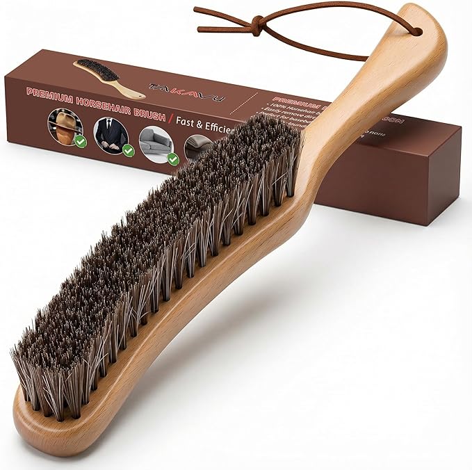 Lint Brush for Clothes with 100% Soft Horse Hair Bristle, Large Beech Wood Handle, Lint Remover for Hat, Pet Hair, Suits, Cashmere, Wool, Velvet, Suede, Shoe