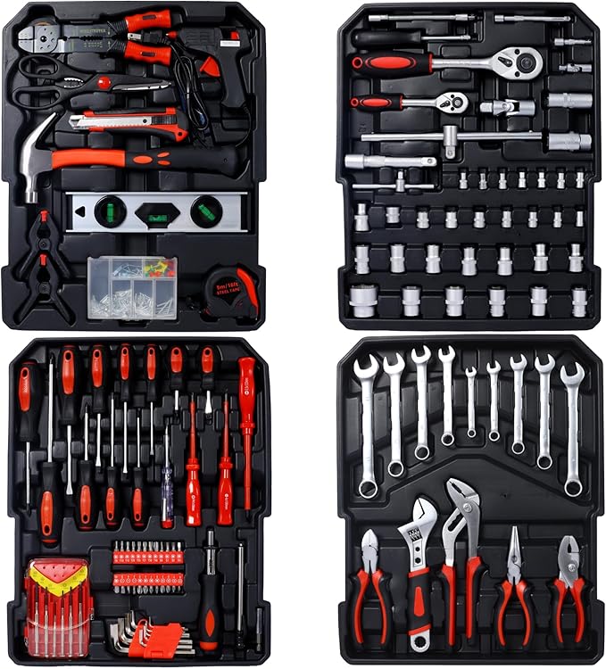 899pcs Home Repair Tool Set Kit for Men, Toolbox Storage Case with 4 Drawers, General Household Tool Kit with Rolling Tool Box, Tool Set Kit for Maintenance, Garden, Homeowner, Handyman,Silver Case