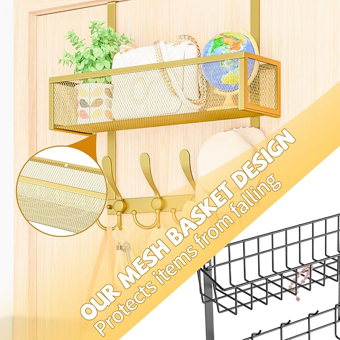 Over The Door Hooks Organizer,Over Door Hanger Towel Rack Mesh Basket with 12 Hooks,Back of Door Storage Organizer for Bedroom,Bathroom,Kitchen,Office(Gold)