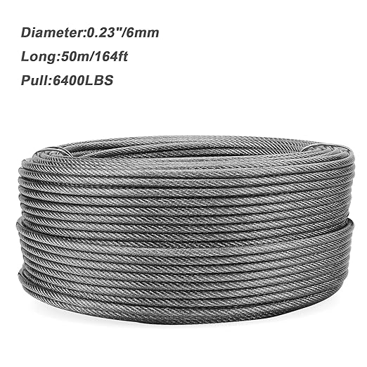 MOUYAT 164FT x 1/4 Inch Stainless Steel Wire Rope, 7 x 19 Strands Construction Aircraft Cable, Metal Strong Hanging Cable Wire Rope for Winch, Clothesline, Garden Fence, 6400 LBS Breaking Strength